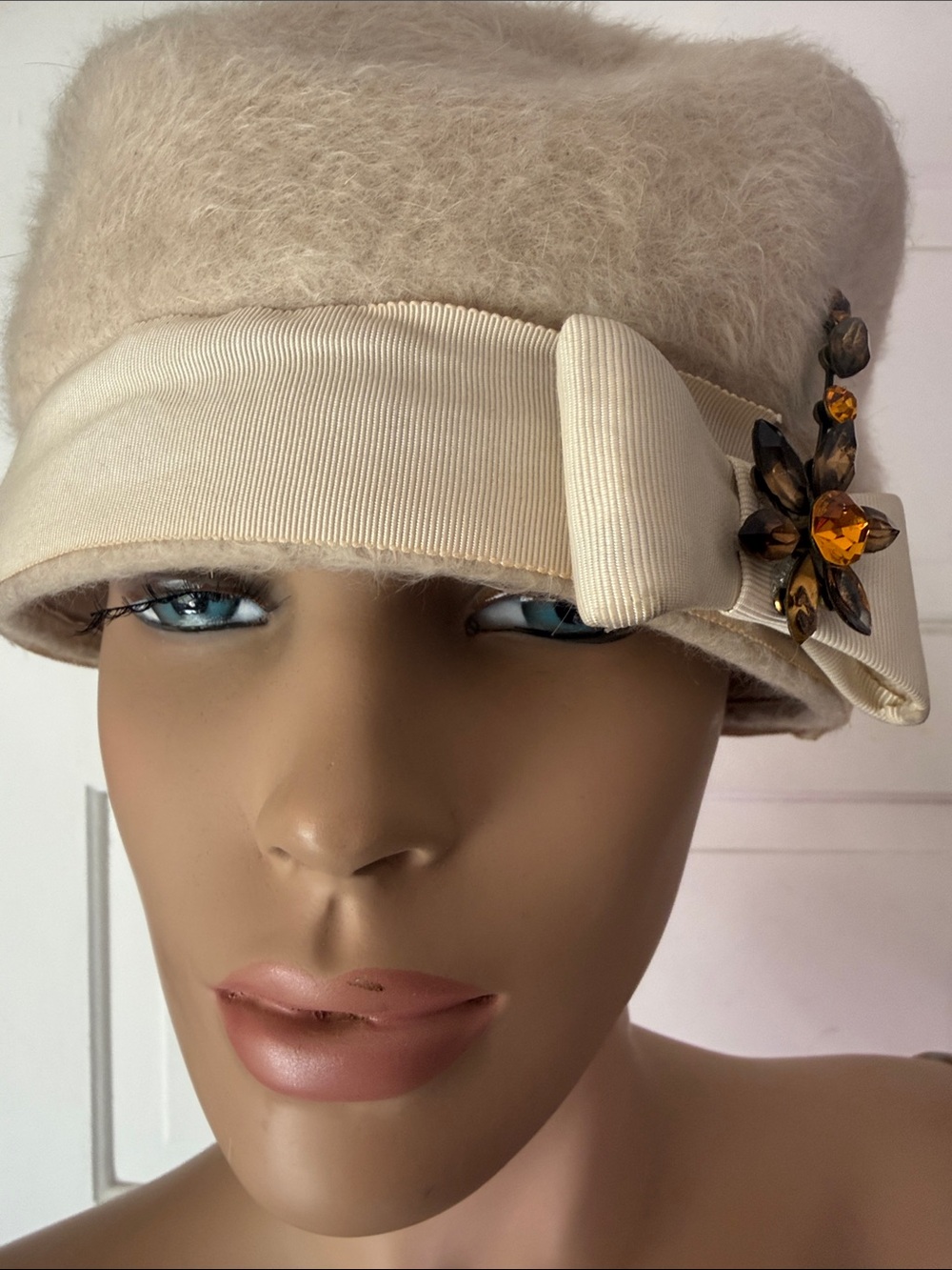 Elegant Cream Angora Blend Cloche Hat with Grosgrain Bow and Jewel Accent